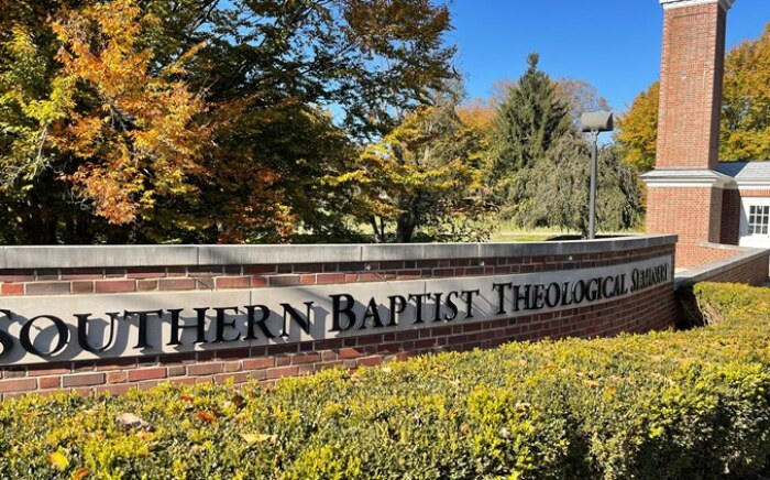 Southern Baptist Theological Seminary sign at the entrance to the Louisville campus.