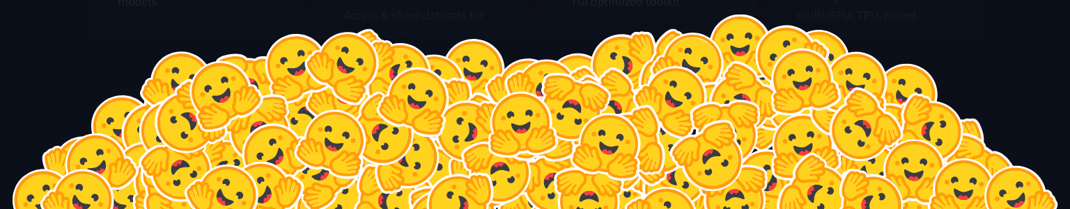 A pile of smiling Hugging Face emoji mascots on a dark background.
